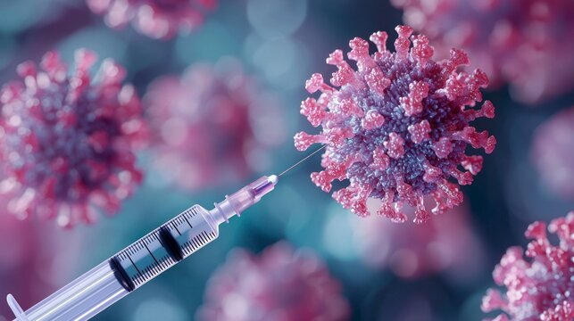 Close-up of measles virus with syringe in focus concept of measles  