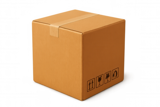 Sealed cardboard box with packaging symbols resting on a transparent background, ideal for shipping and delivery concepts