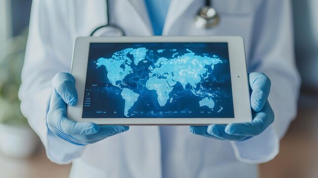 Doctor in gloves holding digital tablet displaying world map  