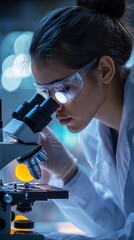 Young woman examining microscope slide in laboratory for Measles  