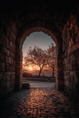 Stone archway, sunrise view