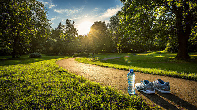 A scenic sunrise jogging trail in a lush park, emphasizing cardiovascular health and the benefits of an active lifestyle. Running shoes and a water bottle represent the commitment to fitness and well-