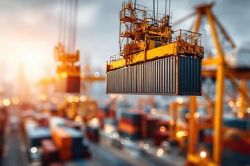 Large crane lifting a container at a busy industrial port terminal with bokeh lights