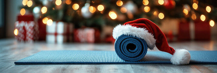 Rolled blue yoga mat paired with a Santa hat sits in the foreground, while a blurred Christmas tree with presents creates a festive backdrop for holiday wellness