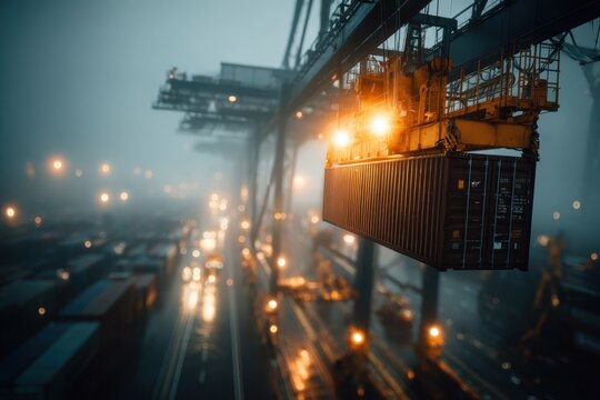 Gantry crane lifting container at busy industrial port, misty night scene.