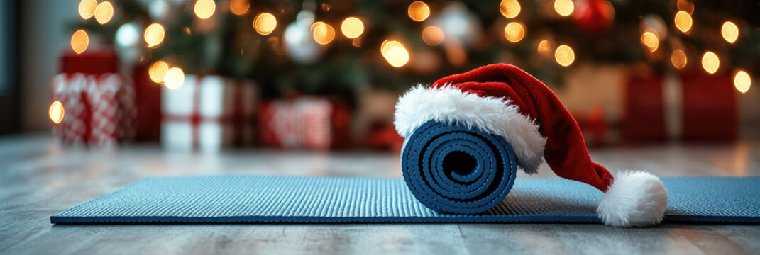 Rolled blue yoga mat paired with a Santa hat sits in the foreground, while a blurred Christmas tree with presents creates a festive backdrop for holiday wellness