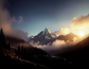 Stunning mountain peak glows at sunrise, silhouetted trees and misty valleys create a dramatic alpine landscape