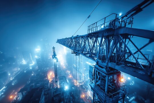 Modern construction crane over a luminous blue city, symbolizing urban growth.