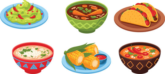Mexican Traditional Food Vector Set with Tacos, Soups, Guacamole, Corn and Pozole – Colorful Flat Design for Restaurant Menus