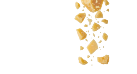 Golden-yellow parmesan cheese pieces and translucent flakes dynamically falling against a transparent studio background with copy space, high-key lighting. Culinary ingredient concept