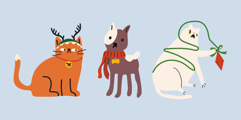 Christmas cartoon animals set in various poses and different breeds. Funny domestic cats and dogs wearing different Christmas outfits with happy charming playful expression