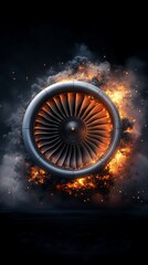 Powerful jet engine surrounded by fire and smoke