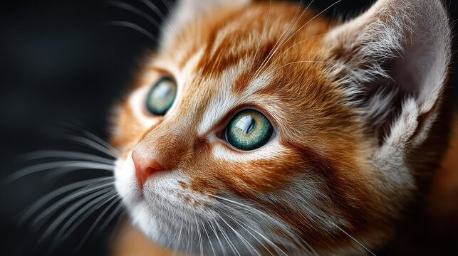 Close-up of a Ginger Kitten with Striking Green Eyes and White Whiskers