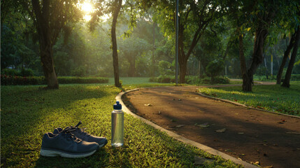 A scenic sunrise jogging trail in a lush park, emphasizing cardiovascular health and the benefits of an active lifestyle. Running shoes and a water bottle represent the commitment to fitness and well-
