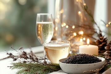 Luxurious holiday celebration with caviar and champagne in elegant setting