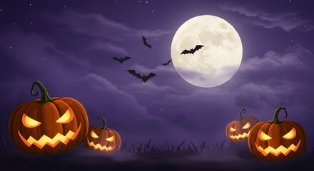 Spooky halloween pumpkins with carved faces glow under a full moon with bats flying