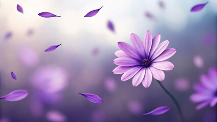 Single purple daisy flower in sharp focus with petals floating around it, captured in dreamy soft bokeh background lighting.
