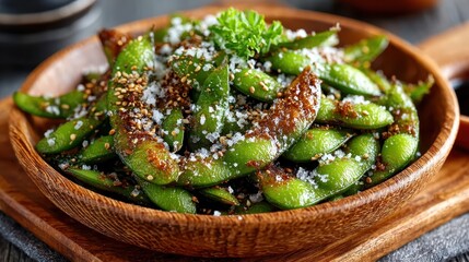Close-up of Delicious Edamame with Sea Salt and Sesame Seeds in Wooden Bowl