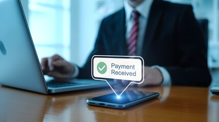 Teal tech shows payment confirmation over phone. Modern, finance-themed with light effects for tech branding, online services, or financial product photography.