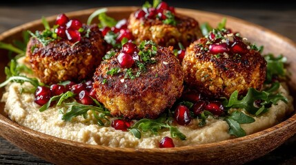 Delicious Falafel Plate with Hummus, Arugula and Pomegranate Seeds