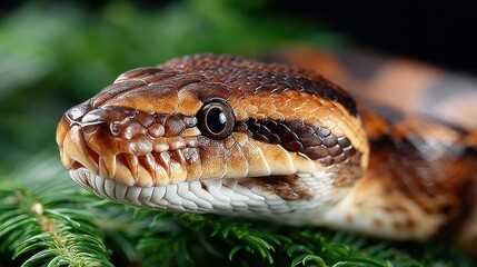 Naklejka premium Detailed Portrait of Ball Python Snake Head on Green Pine Needles