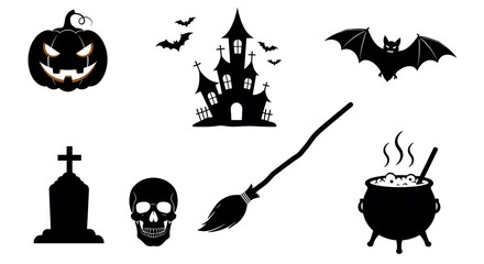 Obraz premium Collection of classic halloween silhouettes including a pumpkin castle bats and cauldron