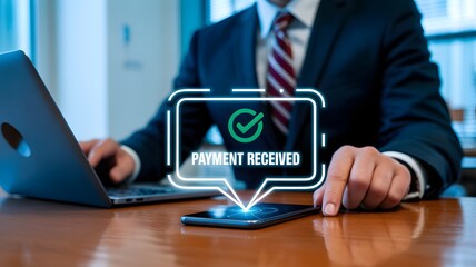 Business professional receives payment confirmation notification with digital neon effect for financial services, product ad, or website.