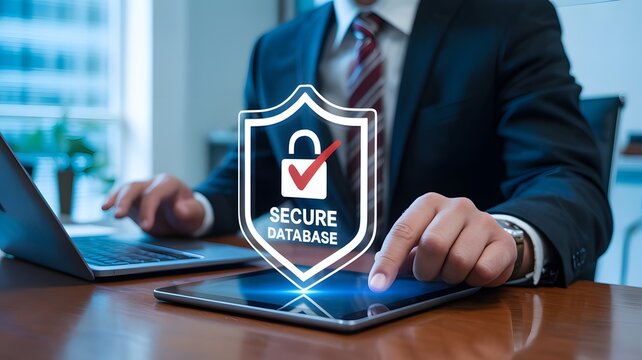 Shiny data shield hovers above tablet, secure database tech concept with office, branding or digital security design element.
