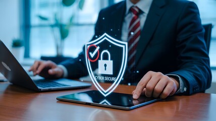 Cyber security concept shows digital shield with padlock on tablet screen, suitable for presentations, security firms, technology branding.