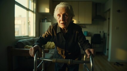 Fototapeta premium Elderly Woman Using Walker in Home Interior with Evening Light
