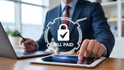 White, blue lock graphic glows, represents bill payment using technology in business presentations, branding and social media.