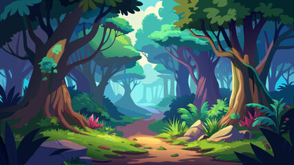 Fototapeta premium Vector art of a path through a vibrant cartoon forest with lush trees and foliage
