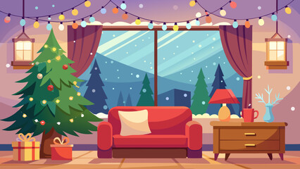 Obraz premium Vector art of cozy christmas living room with decorated tree and snow outside the window