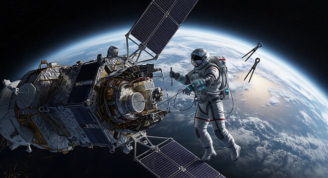 Astronauts Spacewalk - Repairing Satellite in Earth Orbit.