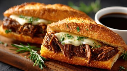 Delicious French Dip Sandwiches with Au Jus on Wooden Board Close Up