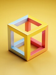 Colorful Geometric Cube Creates an Eye-Catching Visual Illusion on a Vibrant Yellow Background