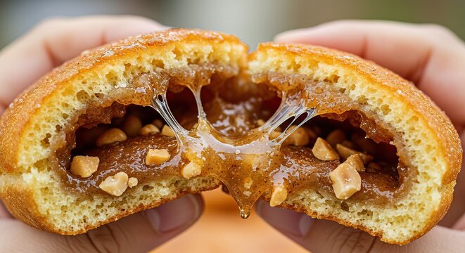 Half donut held open revealing caramel and nuts filling with gooey caramel strands