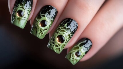 Intricate green and black halloween-themed nail art design with glossy finish