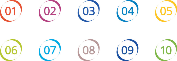 Bullet point icons with numbers. Color points for infographic. Markers with number for buttons, tags, ui or map. Set of graphic pointer with steps. Vector