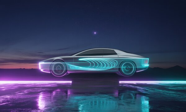 Futuristic, sleek car on a reflective platform at twilight.  Neon glow highlights its curves and surrounding environment.  Abstract energy trails surround the vehicle - Powered by Adobe