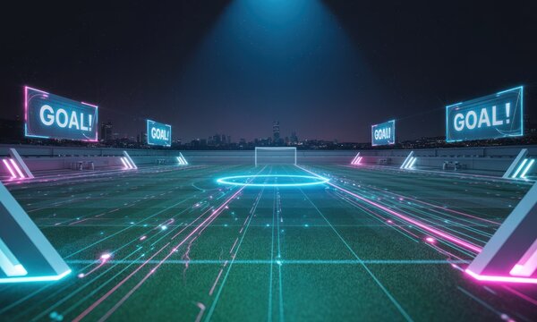 Futuristic soccer field at night, glowing with digital displays and vibrant lights
