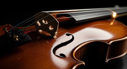 Fototapeta premium Detailed close-up of a classical wooden violin showing its f-hole and bridge against a dark background, emphasizing musical artistry.