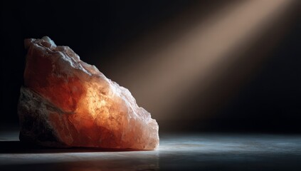 Fototapeta premium Large Pink Salt Crystal Illuminated by Dramatic Light in Dark Environment