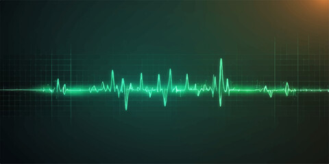 Green medical cardiogram graph showing an abstract blue heartbeat pulse wave on a dark background