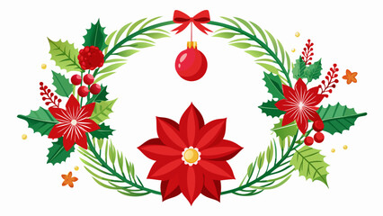 Vector art of festive christmas wreath with poinsettia flowers