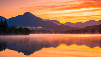 Fototapeta premium Misty lake sunrise with layered mountains, orange sky reflecting on calm water, silhouetted trees, atmospheric fog creating dreamy landscape scene.