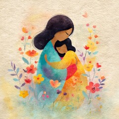 Watercolor Illustration of Mother Hugging Daughter