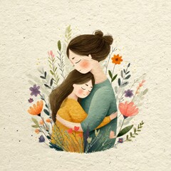 Watercolor Illustration of Mother Hugging Daughter
