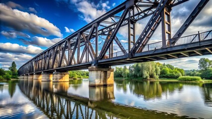 Obraz premium Large steel railway bridge over a calm river at sunset