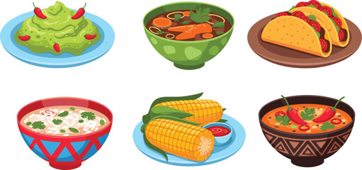 Traditional Mexican food dishes vector illustration with tacos, guacamole, soup, corn, pozole, and chili—perfect for culinary design projects.